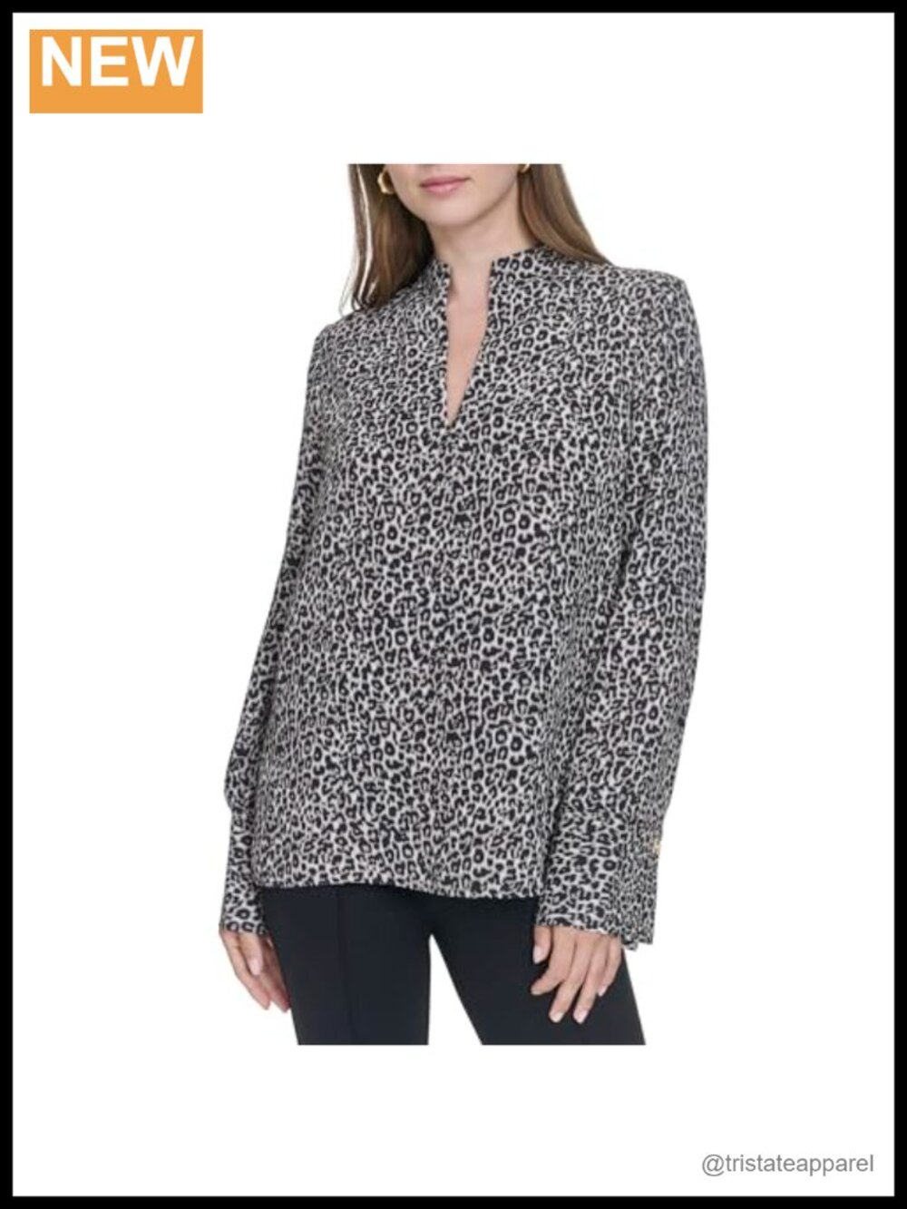 Halston Women's Grey Printed Mandarin Collar V Neck Blouse